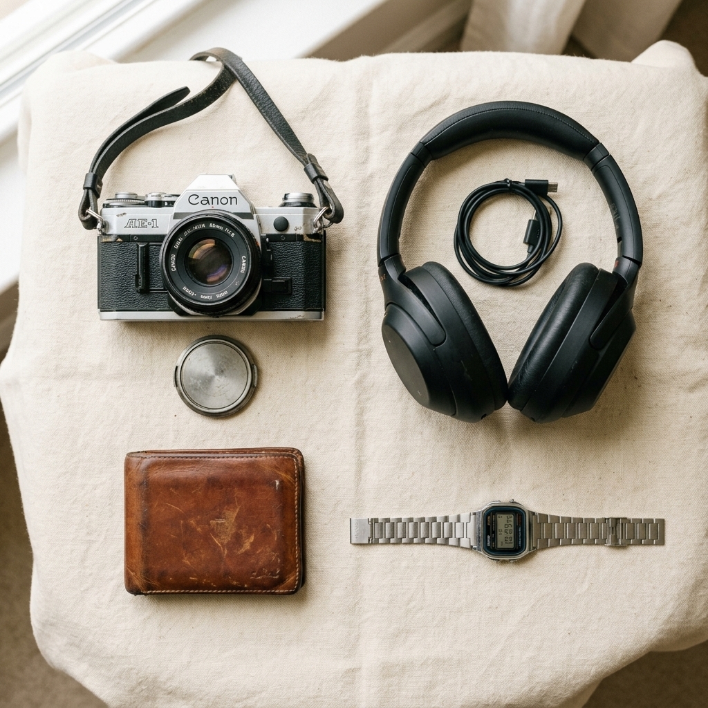 Flat lay of used items for sale including camera, headphones, wallet, and watch